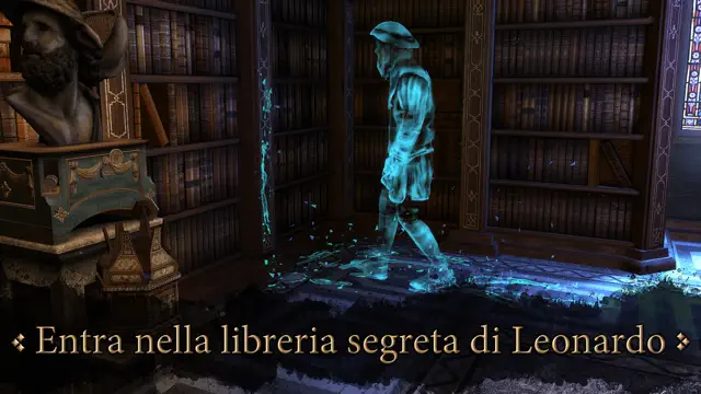 Schermata di gioco: una figura azzurra e trasparente attraversa una libreria antica, ricostruzione del passato mostrata dall'Oculus Perpetua, con didascalia in italiano.